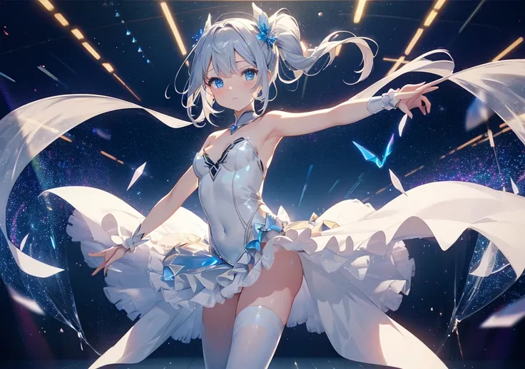 A beautiful ballerina dancing on the stage of a cyber orchestra. A silver tutu and holographic ribbons fluttering in the wind. Clear blue eyes and a graceful pose with a fluffy atmosphere. Space-like light particles float in the background, and the light d...