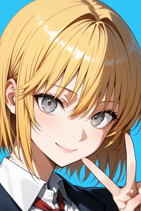 masterpiece, best quality, amazing quality, very aesthetic, absurdres, newest, scenery,highly detailed,high-resolution,close-up portrait,female,woman,Kurapika,hxh,blonde,bob hair,grey eyes,fair skin,glossy texture,pink lips,white collared shirt,simple back...