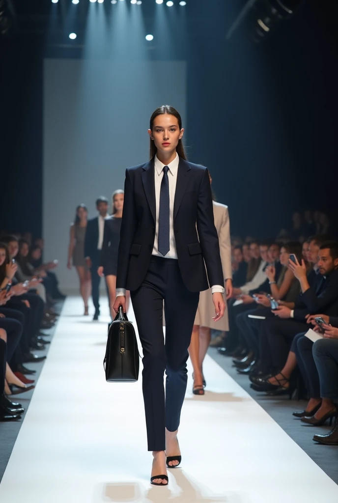 Here’s a detailed prompt you can use to generate an image of a corporate fashion show:

Prompt:
"A high-end corporate fashion show set on a sleek runway with professional models showcasing stylish business attire. The atmosphere is modern and sophisticated...