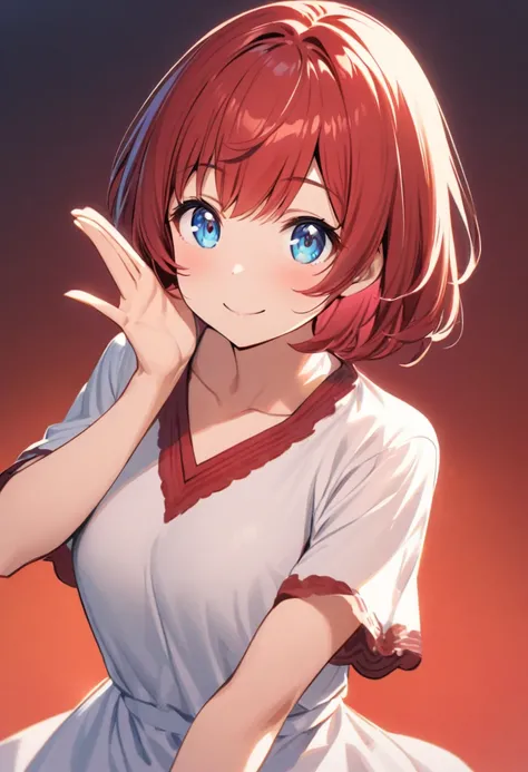 vibrant red short hair,  friendly smile,  blue eyes,  wearing a white, short-sleeved,  v-neck blouse.  The blouse has a soft, light fabric texture.   Her body posture is relaxed and friendly, hand outstretched in a gesturing/ welcoming pose. 