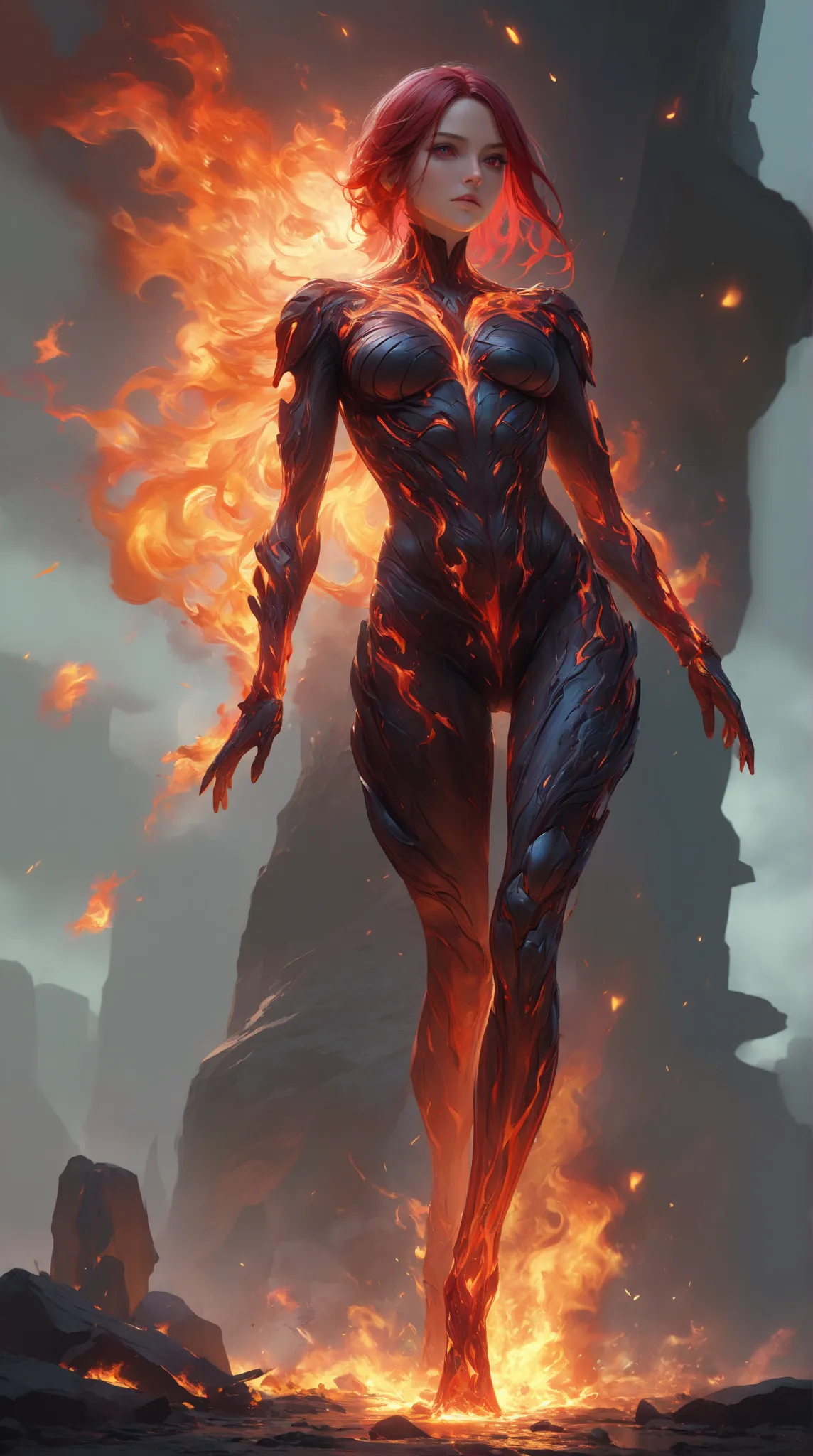 Ultra Realism, hyper realistic, good quality, amazing quality, perfect appearance, beautiful woman, with scarlet hair, dark red eyes, bailing_fire, A girl made entirely of flames stands, masterpiece, high detailed, dramatic epic adventure background, volum...