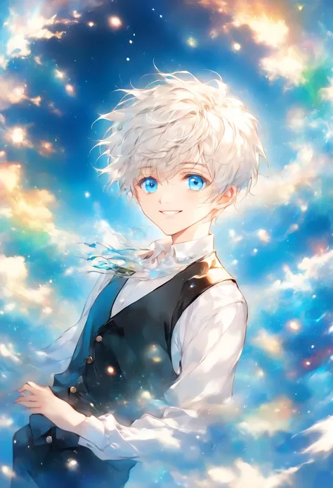 a charismatic seventeen-year-old boy with snow-white hair and bright blue eyes in a white long-sleeved shirt and black vest, smiling, a character portrait by Yuumei, pixiv contest winner, fantasy art, anime art wallpaper 8 k, 4 k manga wallpaper, anime wal...