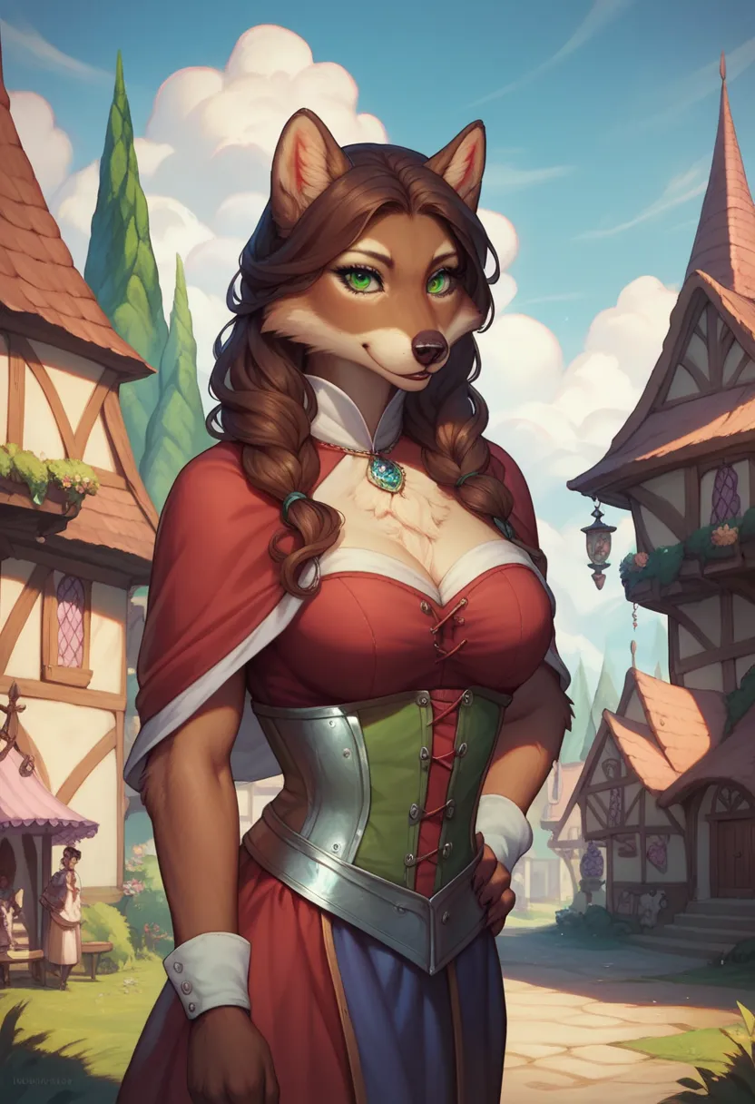 best quality, detailed illustration, anime illustration, A female wolf, bounty hunter's clothing,  therianmorphic, dark brown fur, green eyes, beautifully detailed eyes, against plan medieval village,  hair, female, standing, furry linda