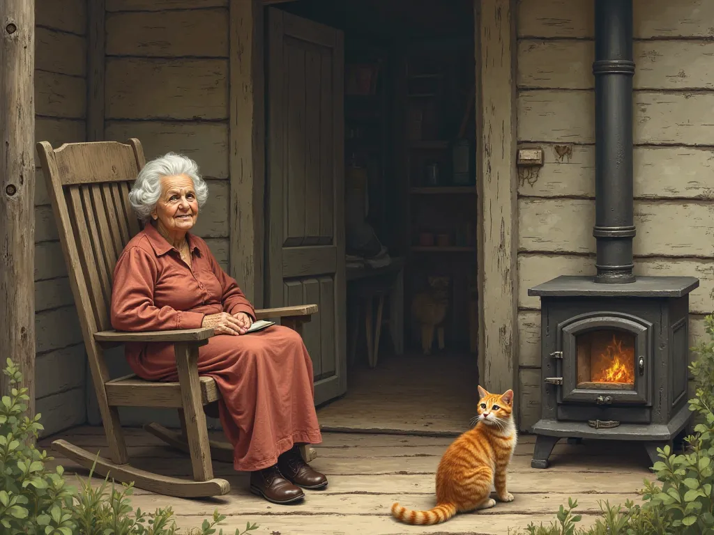 give me a picture of a house with a grandmother sitting in a rocking wooden chair .next door there is a wood stove and there is a cat lying next door