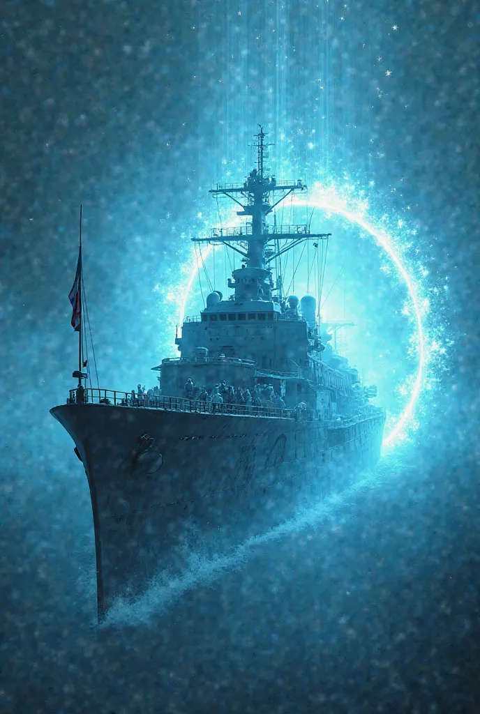 Foto do USS Eldridge ( military ship ) with time distortion effect.  
- Crew members fused to metal (transparency and brightness).  
- Glowing portal with blue light in the background.  
