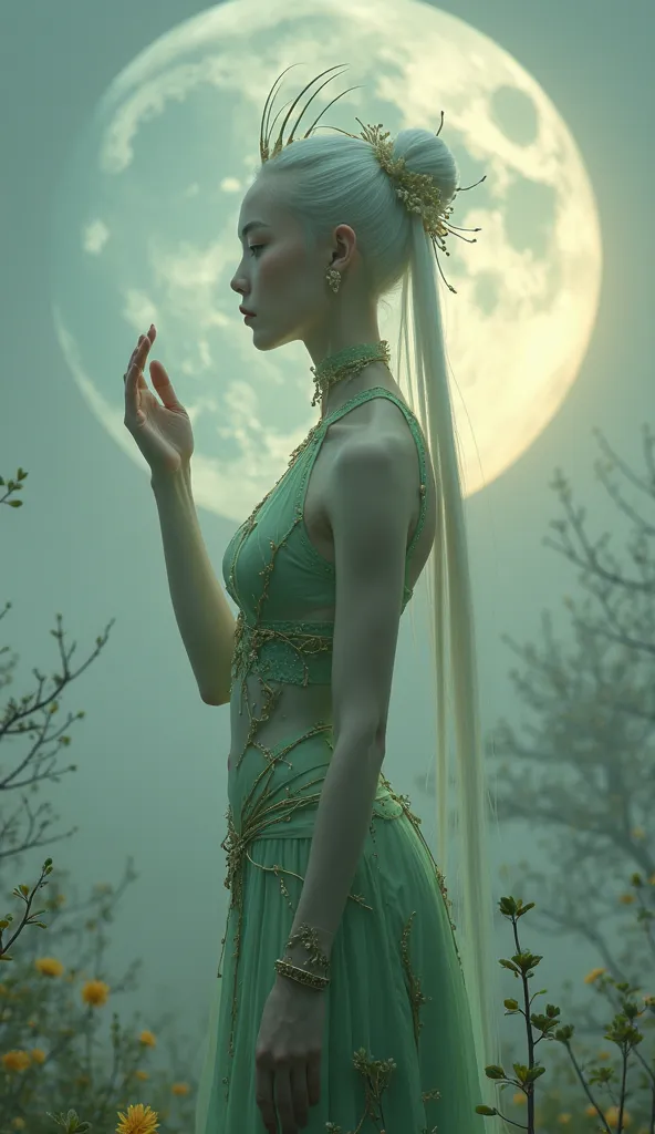 
"Create a full-body portrait of a serene, ethereal humanoid figure with luminous pale skin and delicate antennae curving gently from her temples. Realistic. Her features are Asian. She stands poised in a graceful stance, one hand raised as if channeling e...