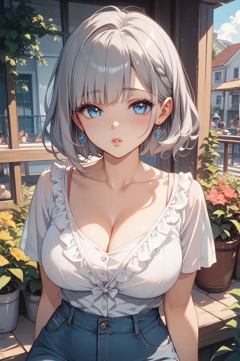 gray hair、Beautiful girl with blue eyes 、Doll face 、casual clothes、Big Breasts、sexy lips、shy