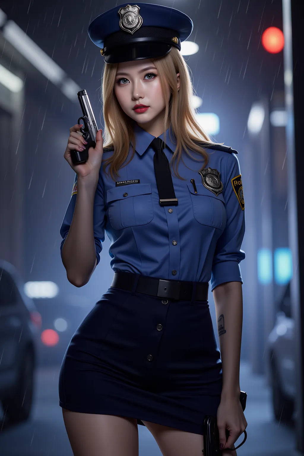 1 Female、American Beauty、Super beautiful、Facial beauty、blue eyes、Standing、New York Police Uniform、mini skirt、Golden Hair、Night Street、Backlight、The wind is blowing、it&#39;s raining、He is looking intently at the barrel of the gun.、Thigh-up shot、pointing pis...