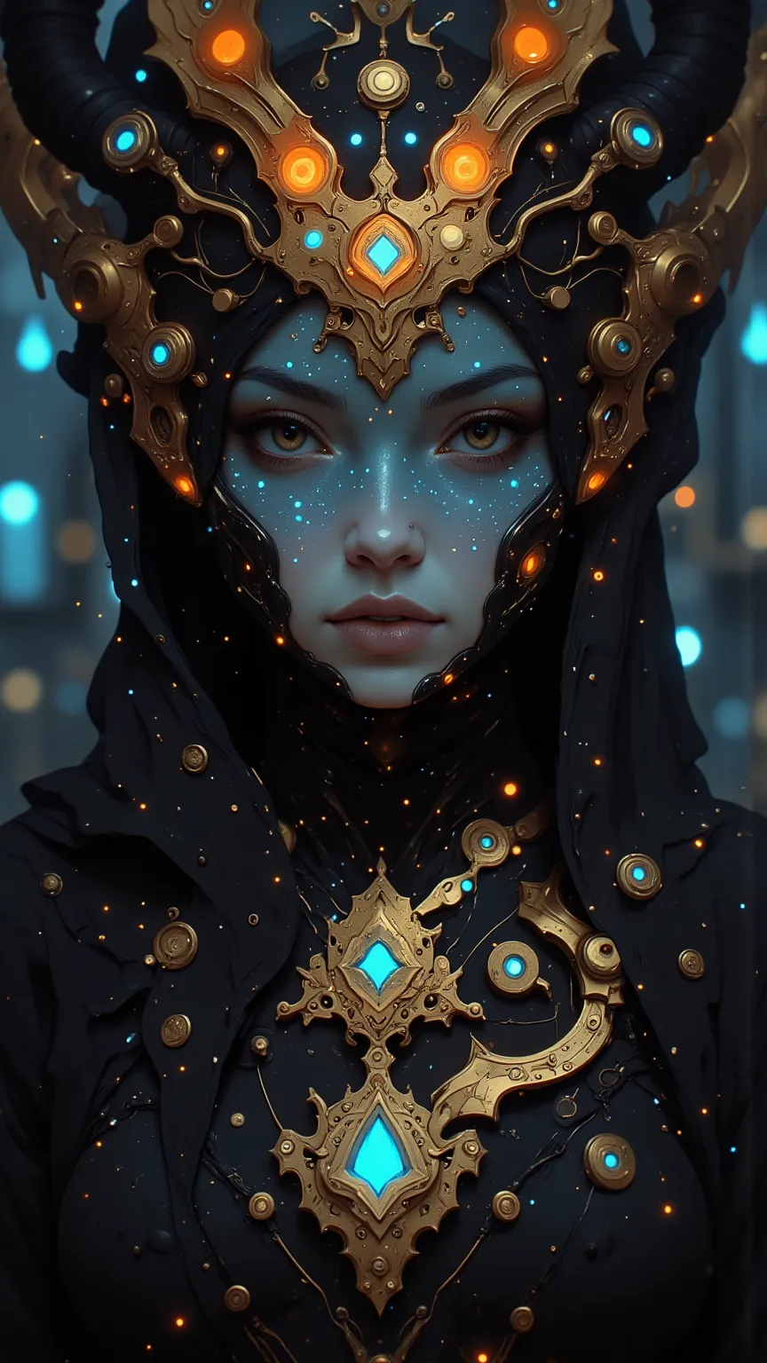 masterpiece, top quality, Fantasy Portraits, Tribal Goddesses , Intricate Face Paint, Blue Glowing Patterns, Brilliant Headdress , Bioluminescent Makeup,  Aether Lighting , Brilliant Turquoise and Orange,  Detailed Jewels , Mysterious Atmosphere,  digital ...