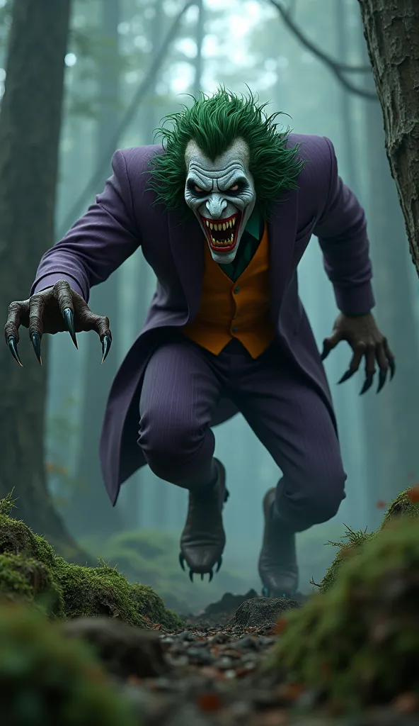 The Joker turned into a fierce werewolf jumping with his claws attacking in a dark forest,  ultra real and professional images