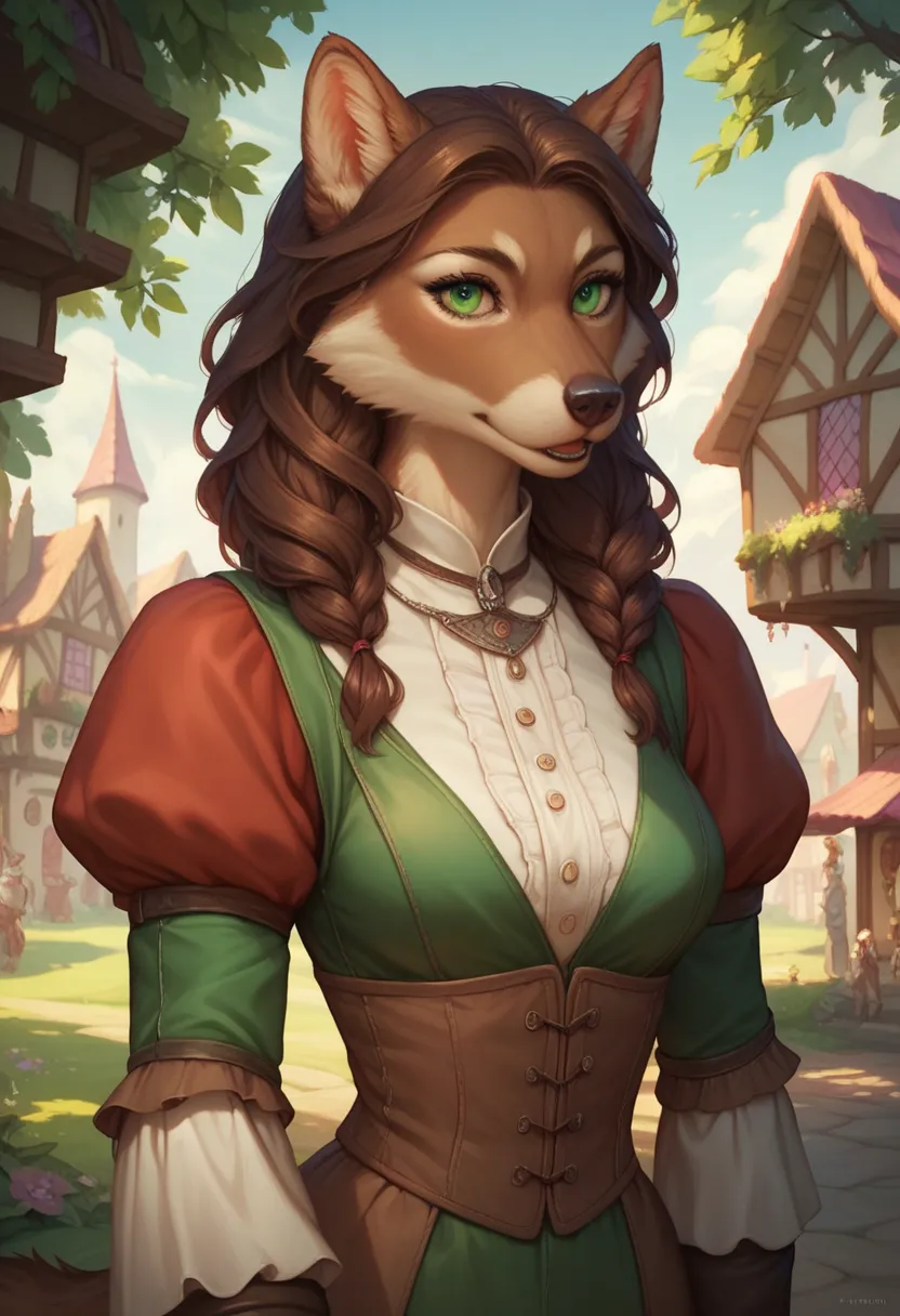 best quality, detailed illustration, anime illustration, A female wolf, bounty hunter's clothing,  therianmorphic, dark brown fur, green eyes, beautifully detailed eyes, against plan medieval village,  hair, female, standing, furry linda