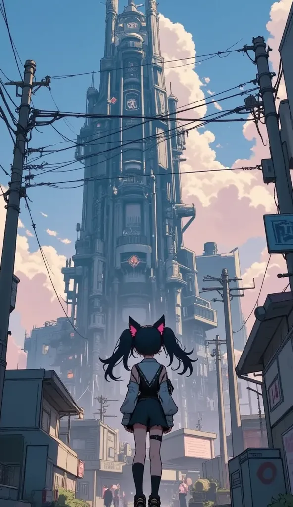 (masterpiece, top quality:1.2),Alone,a cute evil punk cat girl:0.7/(fluffy black cat-ear,black hair,twin tails hair,pale skin,simple cyber punk clothes,casual style),she looks up (((one very tall futuristic building))),Back view、Composition of looking up a...