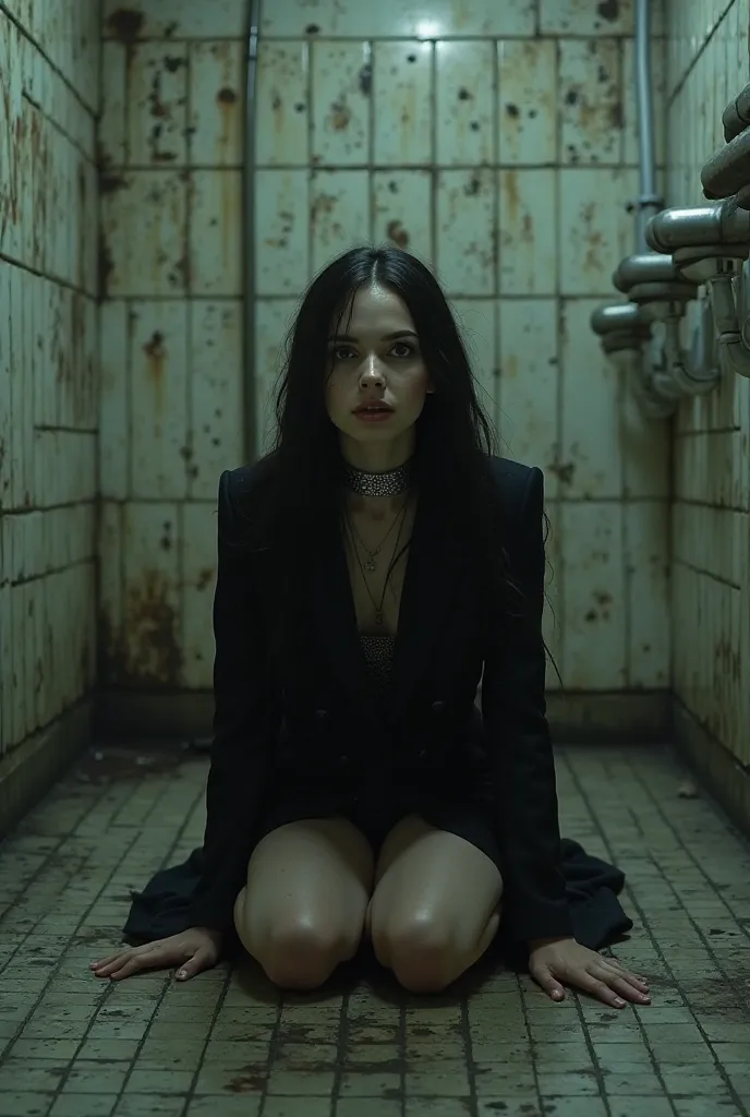 Naked Wednesday Addams is kneeling in a collar in a public toilet 