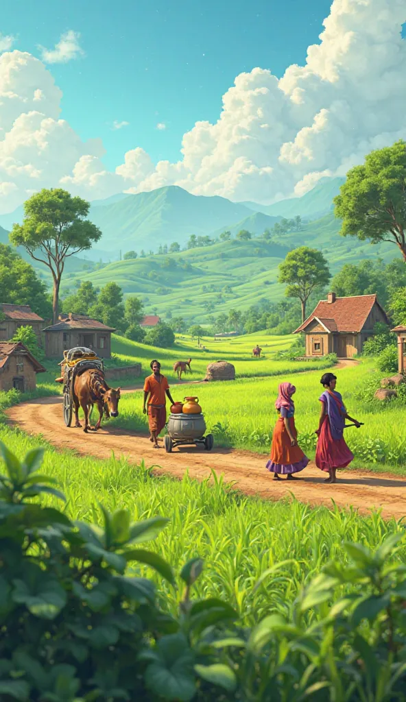 Generate in cinematic 3d cartoon style
A beautiful and real scene of an Indian village. Lush fields, kutcha houses, bullock carts, and greenery stretching far and wide. The villagers are busy with their work—some farmers are ploughing the fields, some wome...