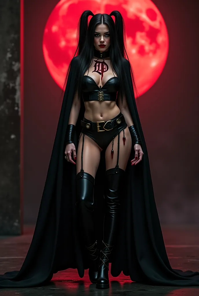 PHOTO REALISTIC. A FULL BODY VIEW OF THE HOTTES AND SEXIEST GOTHIC BABE WITH BLOODY VAMPIRE FANGS, LONG BLACK HAIR, HUGE PERKY BOOBS. WEARING A EMO HARLEY QUINN OUTFIT, GOTH CAPE AND GOTH BOOTS. A LARGE BLOODY "D" EMBLEM ON HER CHEST. ABSURD 8K DETAILS AND...