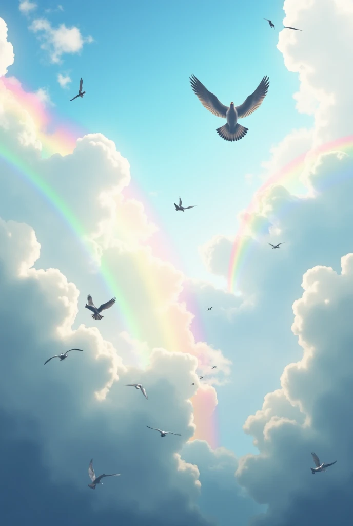 Cloudy sky with rainbows and birds