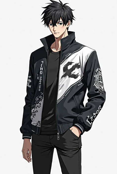 I need a jacket for a Japanese /Asian man, with Jujutsu Kaisen theme on it, I prefer white and black colors.  I need it as a 3D sketch draft without any model, just show only the jacket. 