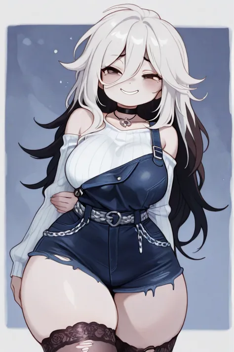 A tall girl, pale skin,  has a curvaceous build , with giant breasts, wide hips, thick thighs, etc. Tiene una pale skin,  squinting black , In addition to having long and straight white hair, a girl with white skin, squinted and torn black eyes with, with ...