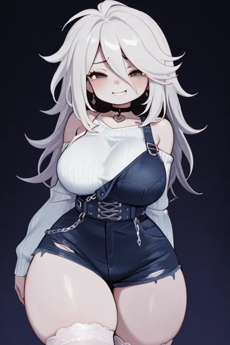 A tall girl, pale skin,  has a curvaceous build , with giant breasts, wide hips, thick thighs, etc. Tiene una pale skin,  squinting black , In addition to having long and straight white hair, a girl with white skin, squinted and torn black eyes with, with ...