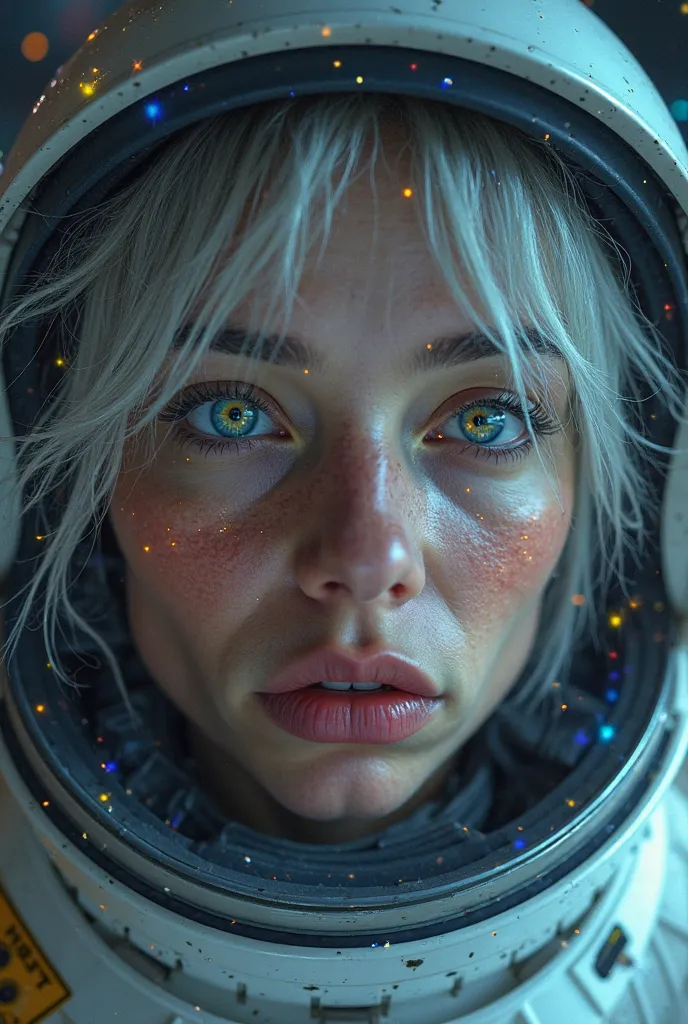 close-up of a better masterpiece：1.5)0.9]、(Space and astronauts：1.2) (Disheveled silver hair：1.1) ( Heterochromia and Yellow and Blue Eyes：1.2) ( space helmet：1.0) (Colored stars in the eyes：1.0) (Shining Light：1.1) (Thick lips：0.9)