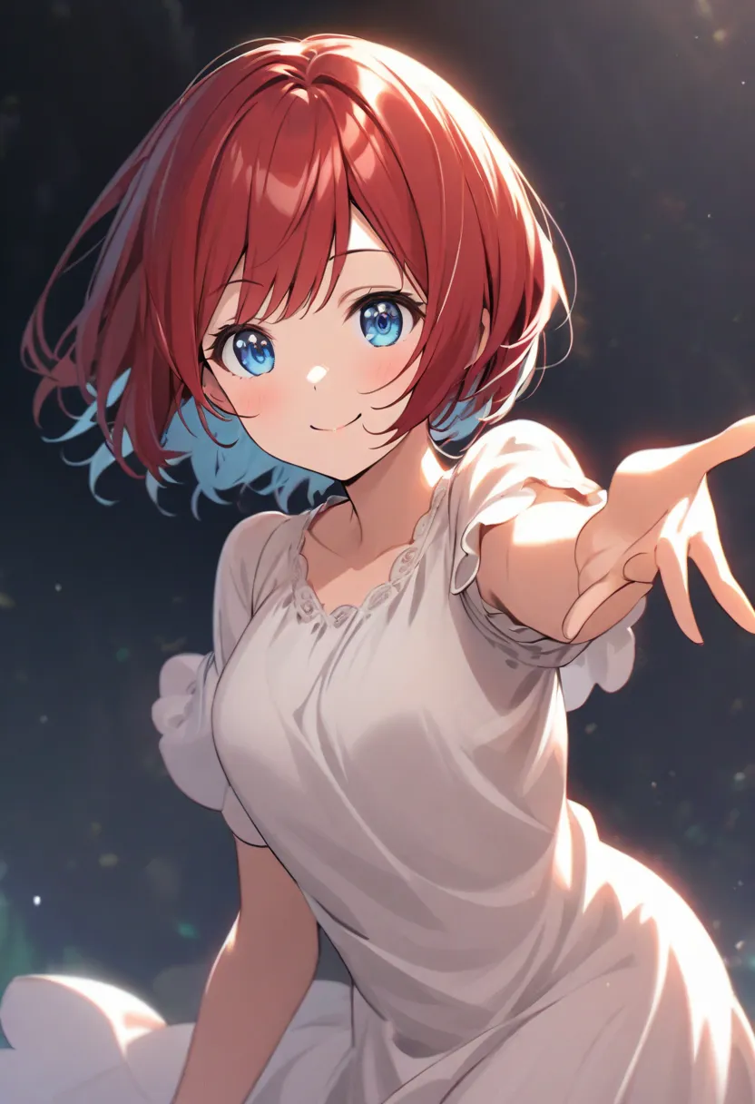 vibrant red short hair,  friendly smile,  blue eyes,  wearing a white, short-sleeved,   blouse.  The blouse has a soft, light fabric texture.   Her body posture is relaxed and friendly, hand outstretched in a gesturing/ welcoming pose. 