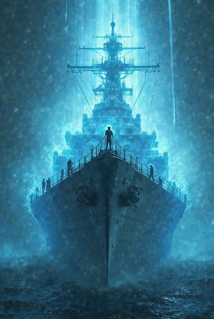 Foto do USS Eldridge ( military ship ) with time distortion effect.  
- Crew members fused to metal (transparency and brightness).  
- Glowing portal with blue light in the background.  
