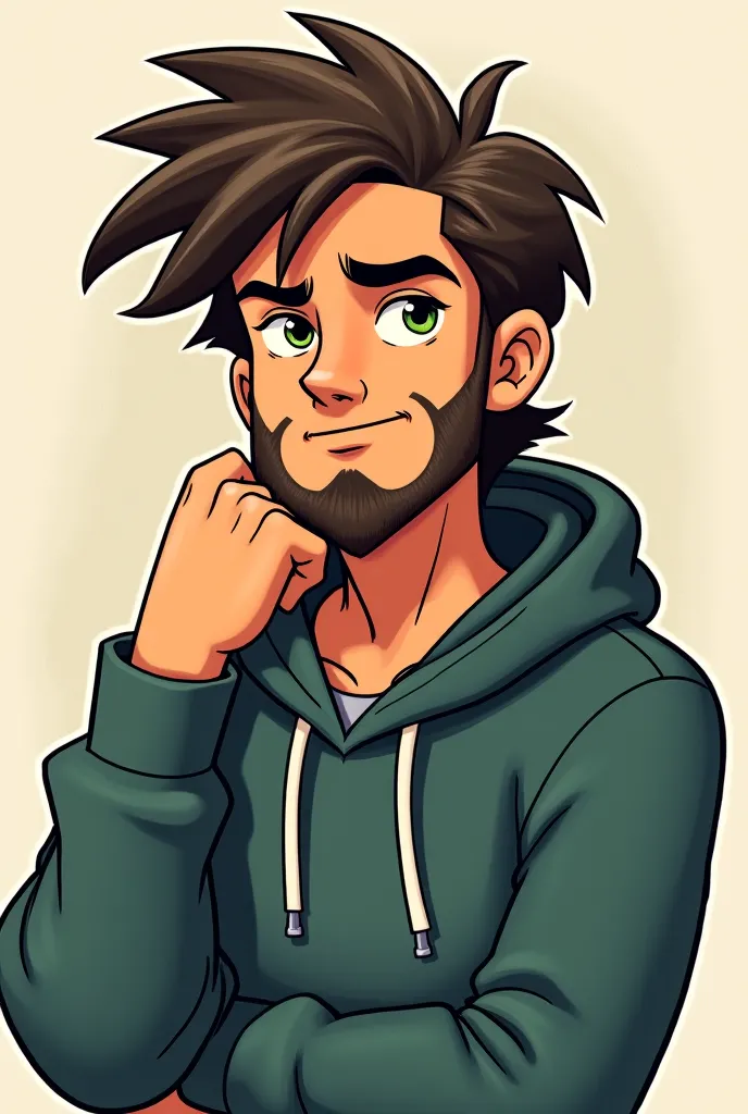 "A stylized portrait of a man with long, messy hair and a beard, inspired by early 2000s Western Disney animation Kim Possible Series. He wears a hooded sweatshirt and has a serious, divertido expression. resting his hand on it in a relaxed manner. The art...