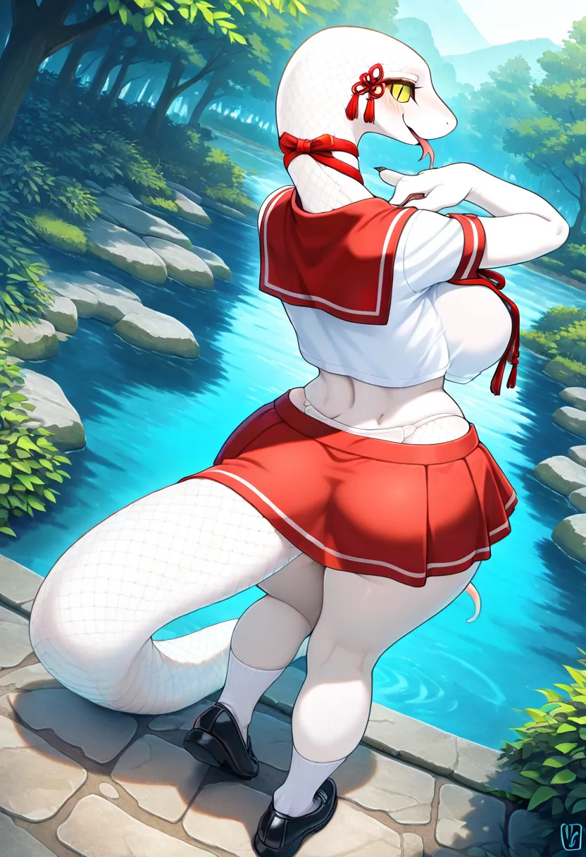 1girl:1.2 , anthro girl, anthro snake, claws,\(vader-san\), Snake girl, two-tone body, white body with red marking, white scales, yellow-eyes, slit pupils, detailed scales, big large breasts, natural breasts, solo, schoolgirl, red sailor collar, red ribbon...