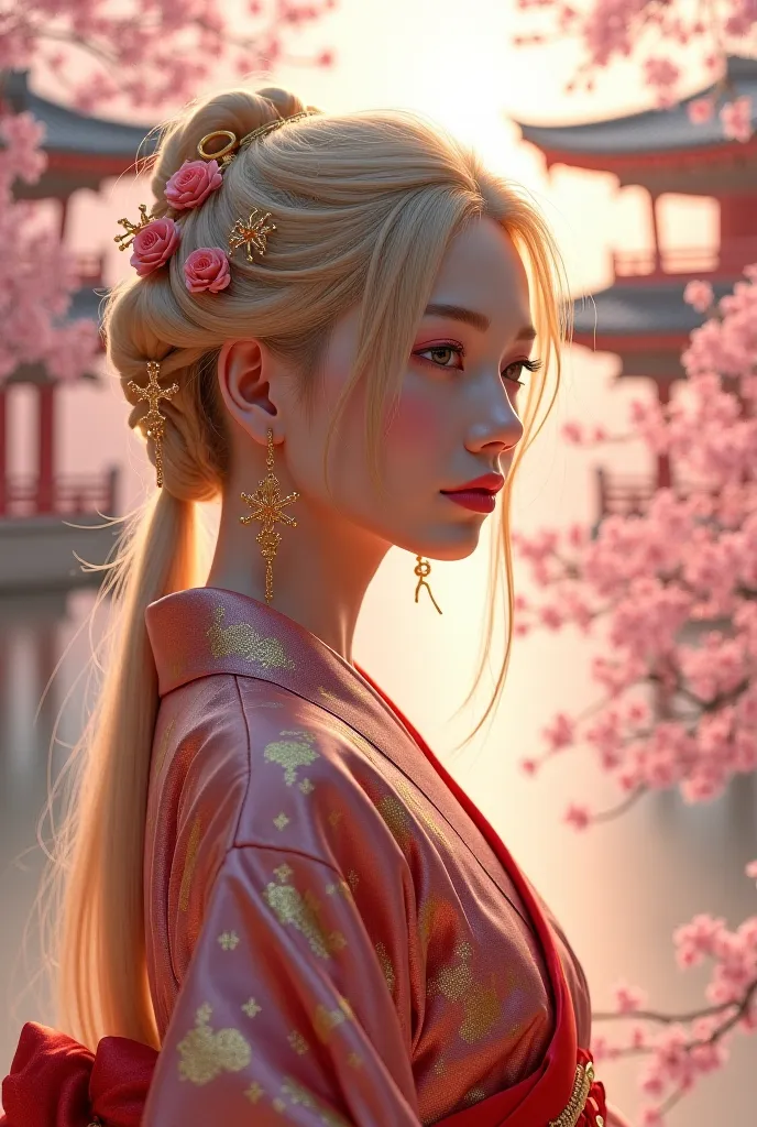 A woman of ethereal beauty with delicate and futuristic features, inspired by an advanced AI, dressed in a luxurious silk kimono with intricate golden patterns and patterns reds, evoking the elegance of the Heian or Edo period in ancient Japan. Her long, b...