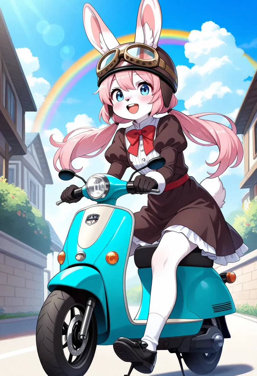 1girl, (furry, kemono:1.3), rabbit girl, animal nose, rabbit ears, solo, pink hair,  blue eyes, on scooter, helmet, smile, motor vehicle, scooter, looking at viewer, open mouth, twintails, rainbow, outdoors, puffy sleeves, long hair, goggles, :d, bow, sock...