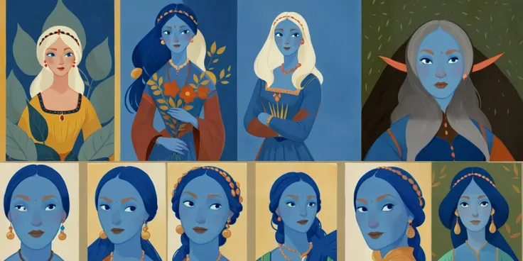 score_9, score_8_up, score_7_up, score_6_up, score_5_up, score_4_up, 1_woman, blue skin, long_hair, wearing a vibrant long peasant medieval dress, detailed clothing, sketches, detailed thick gouache painting, illustration, in gougoupaintleaves style:1.5, h...