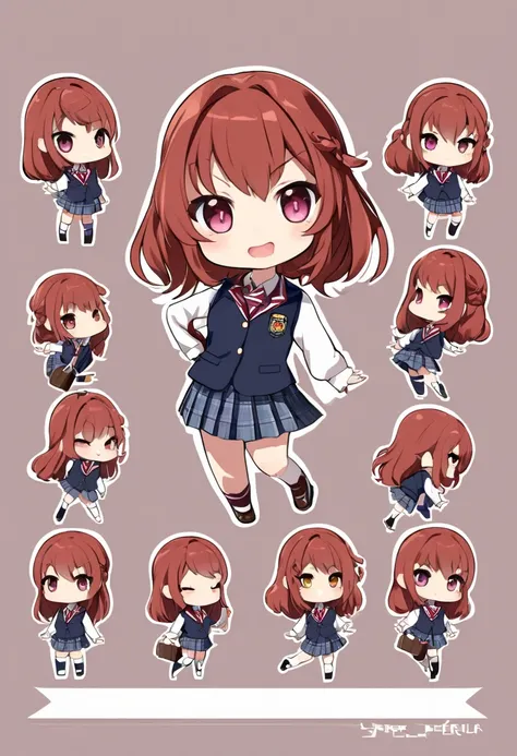 A woman in a school uniform chibi characters, SD style, super deformed style