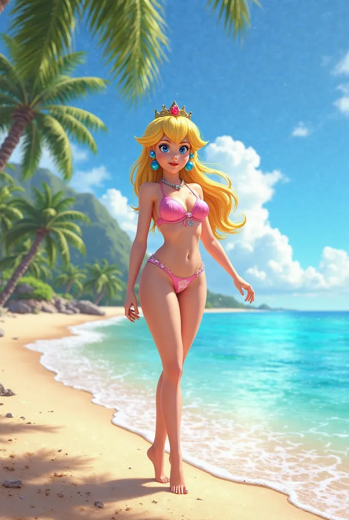 Princess Peach on the beach wearing a swimsuit 