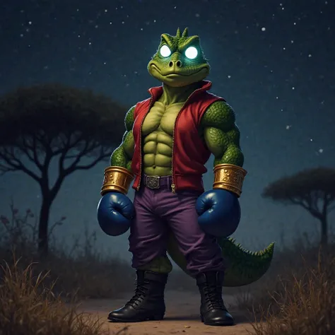 Green muscular crocodile furry jock with white glowing eyes without pupils in gold bracelets, wearing black boots , purple pants, in a red sleeveless zip-up sweater, wearing blue boxing gloves, standing at night in the savannah