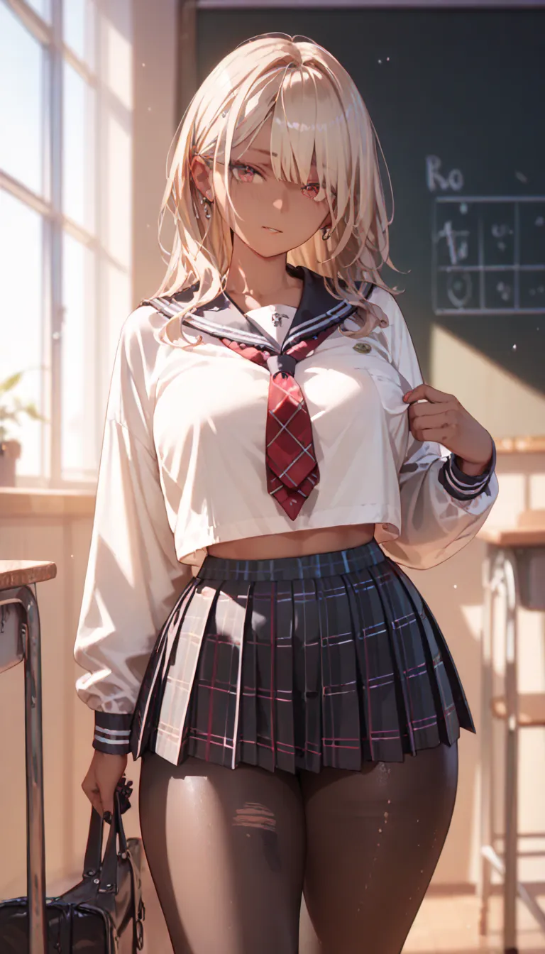 Top Quality, High Resolution, anatomically correct, Ultra High Definition, textured skin,Sunset Classroom、gal,  dark skin,JK、sailor suit、plaid pleated skirt worn with an open chest、black tights、Plump Thighs、