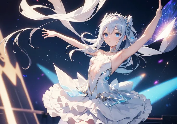 A beautiful ballerina dancing on the stage of a cyber orchestra. A silver tutu and holographic ribbons fluttering in the wind. Clear blue eyes and a graceful pose with a fluffy atmosphere. Space-like light particles float in the background, and the light d...