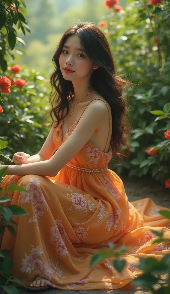 Woman sitting in garden dressed in dress and platform sandals 