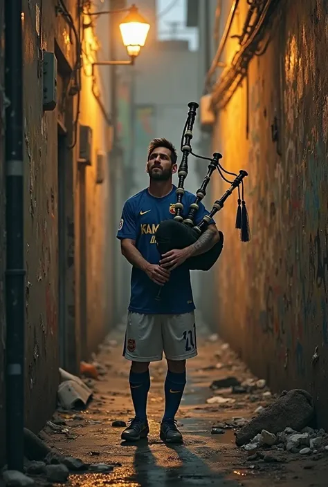 Messi playing the bagpipe in a dark and dirty alley next to a street lamp 