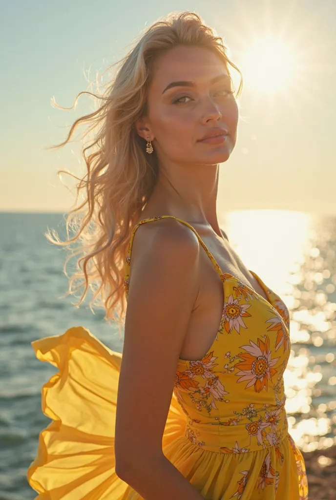 Photo of a beautiful 120 kilo fair-haired woman with a beautiful hairstyle filled with an outfit a beautiful flowery yellow dress on the background of the sea very strong sun with strong walking 