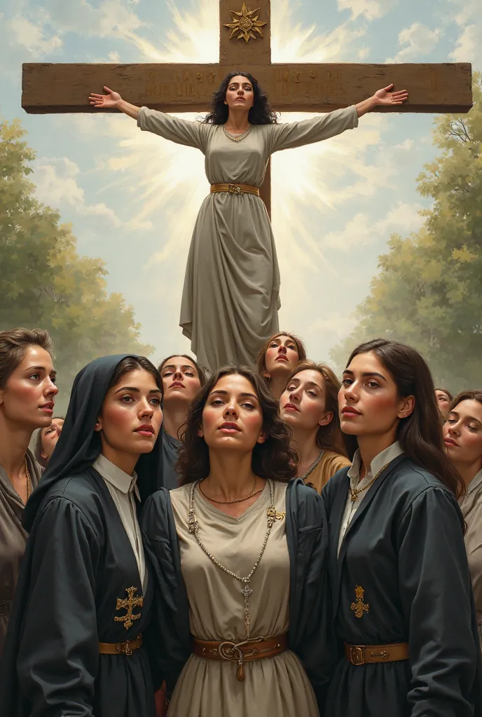 Smiling young Catholic working women of different professions carrying the cross aloft accompanied by the Virgin Mary in an attitude of prayer 