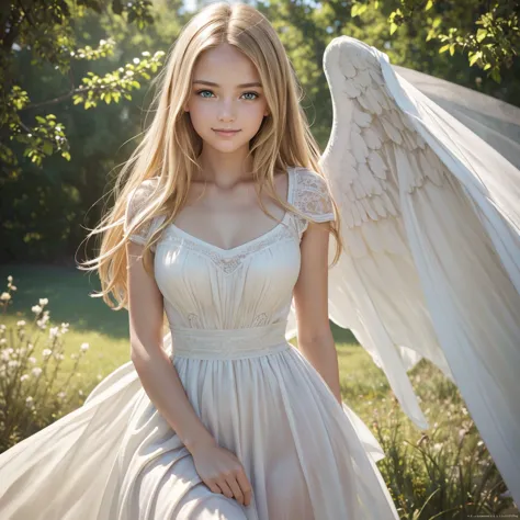 angel, armor gold , young blonde woman，beautiful brunette woman dress white, (masterpiece, best quality, high resolution:1.4), 1girl, angel, skin pores texture, Hair blonde, HD , Photography, movie, cinematic, full Body, Realistic, (8k, RAW photo, best qua...