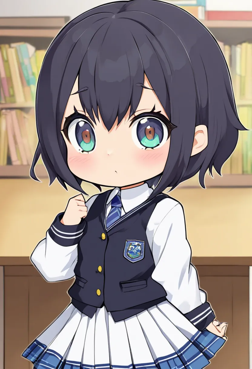 A woman in a school uniform, SD style, super deformed style