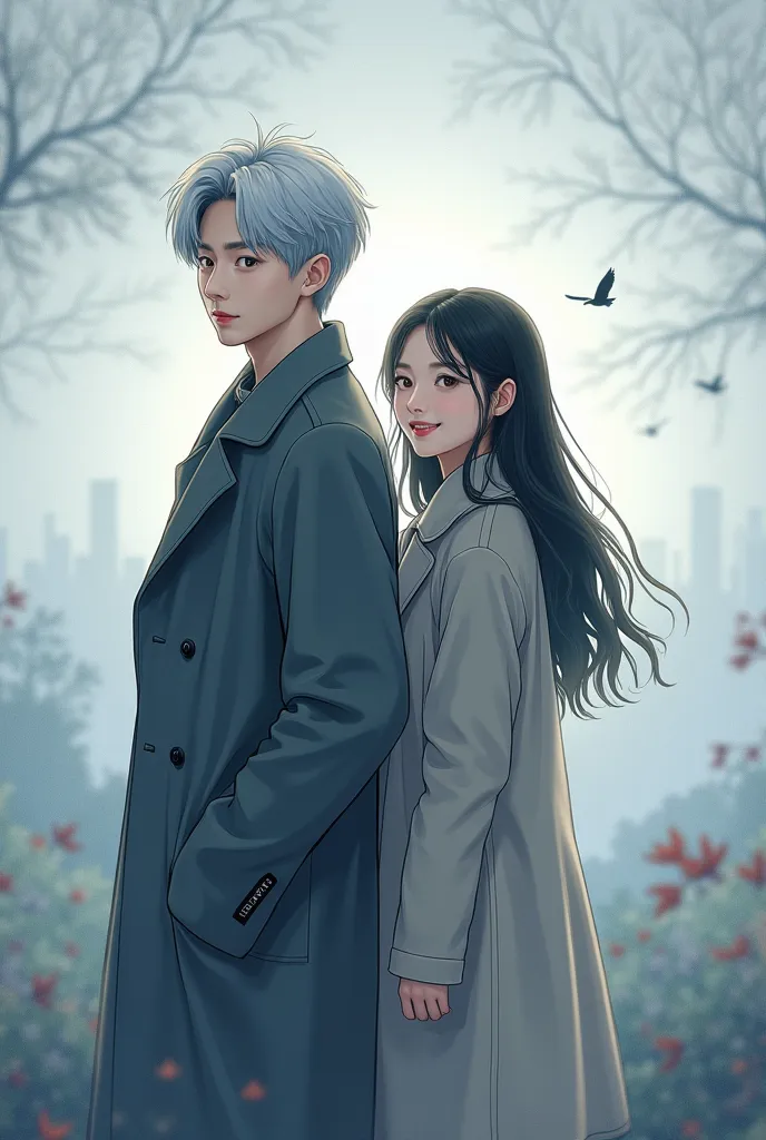 Create a photo with a romantic and melancholic atmosphere that depicts a one-sided love story.

Show a young Korean man with silver hair, a cold yet deep expression, wearing a thick, classic-patterned coat. He stands slightly turned away but still faces th...