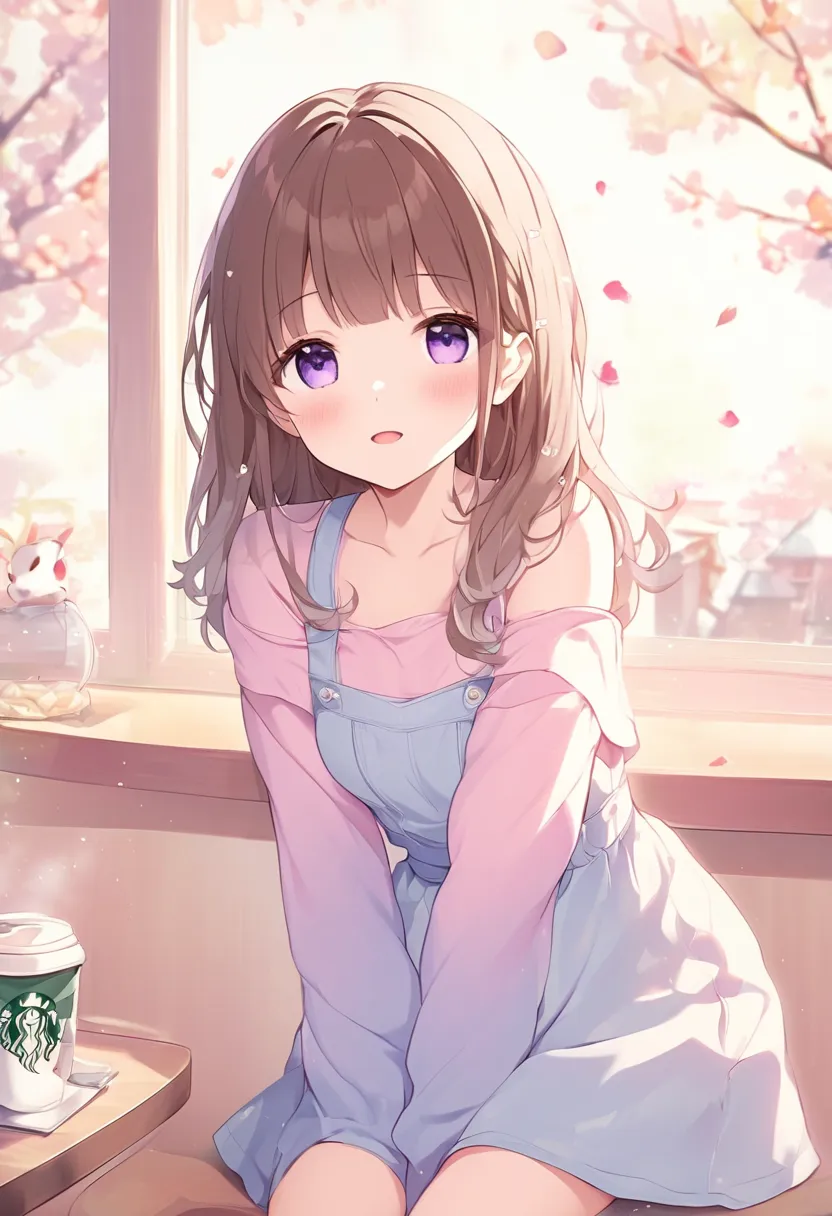 very cute Japanese woman、Slender and smart figure、anime style on the face。Short brown hair with bangs、Sleepy, soothing expression similar to the attached icon。Relaxing at Starbucks、Sitting by the window with warm sunlight shining in。Wearing an off-the-shou...