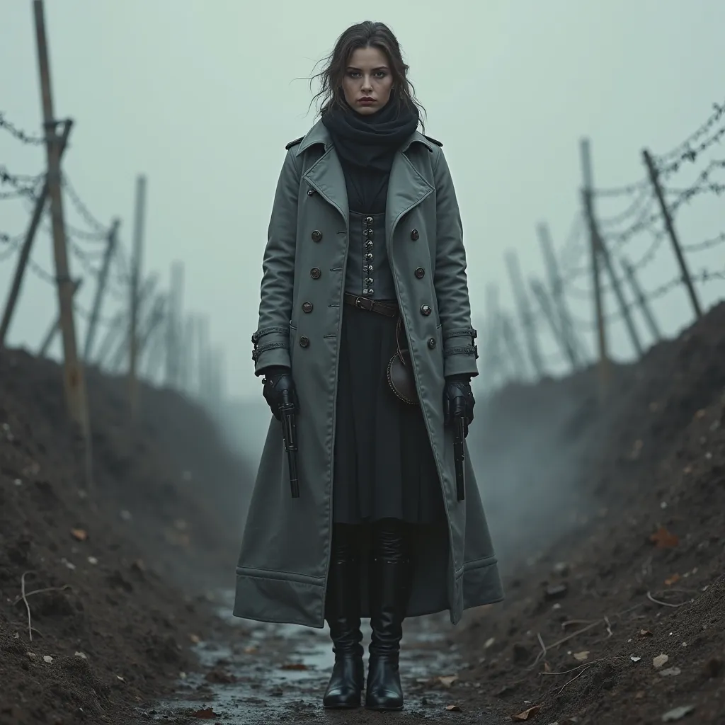 long, slate-gray leather coat, It is double-breasted with polished, matte-finished buttons and a high, structured collar, Beneath the coat, she wears a dark, form-fitting tunic with subtle corset-like detailing., meticulously crafted, historically accurate...