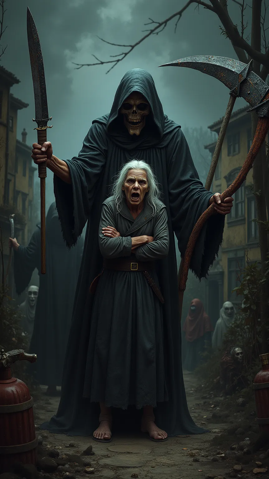 many residents hit the old woman with knives, angry expression, Shout, the frightened old woman, the grim reaper with a scythe is watching