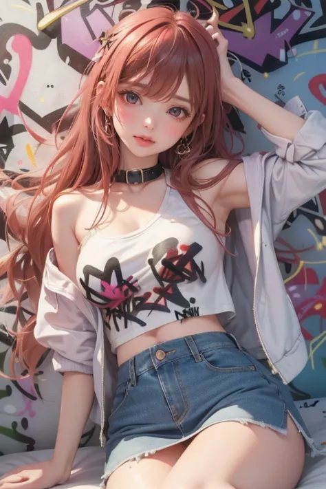 Ayaka Kamiuri|genshin impact, masterpiece, The best, 1 female,2, Proportion body, slender legs, beautiful, Proportion., Jacket, Long jeans, medium bust, ,only, Jacket, collar, (graffiti wall:1.5), Splash with purple lightning pattern., Put your hands behin...