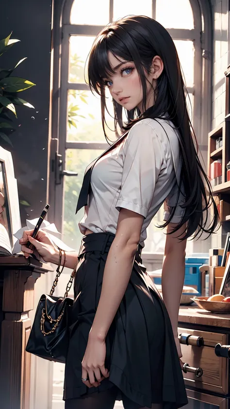 Future Anime Art. Bird&#39;s Eye View, Dirty woman sitting on a chair in a dilapidated house , Wet, messy hair hanging over her eyes, Fitted shirt and pleated skirt. Vic Ship, Close-up view, Hurt. Hand-drawn, cinematic lighting, very detailed. white, brown...