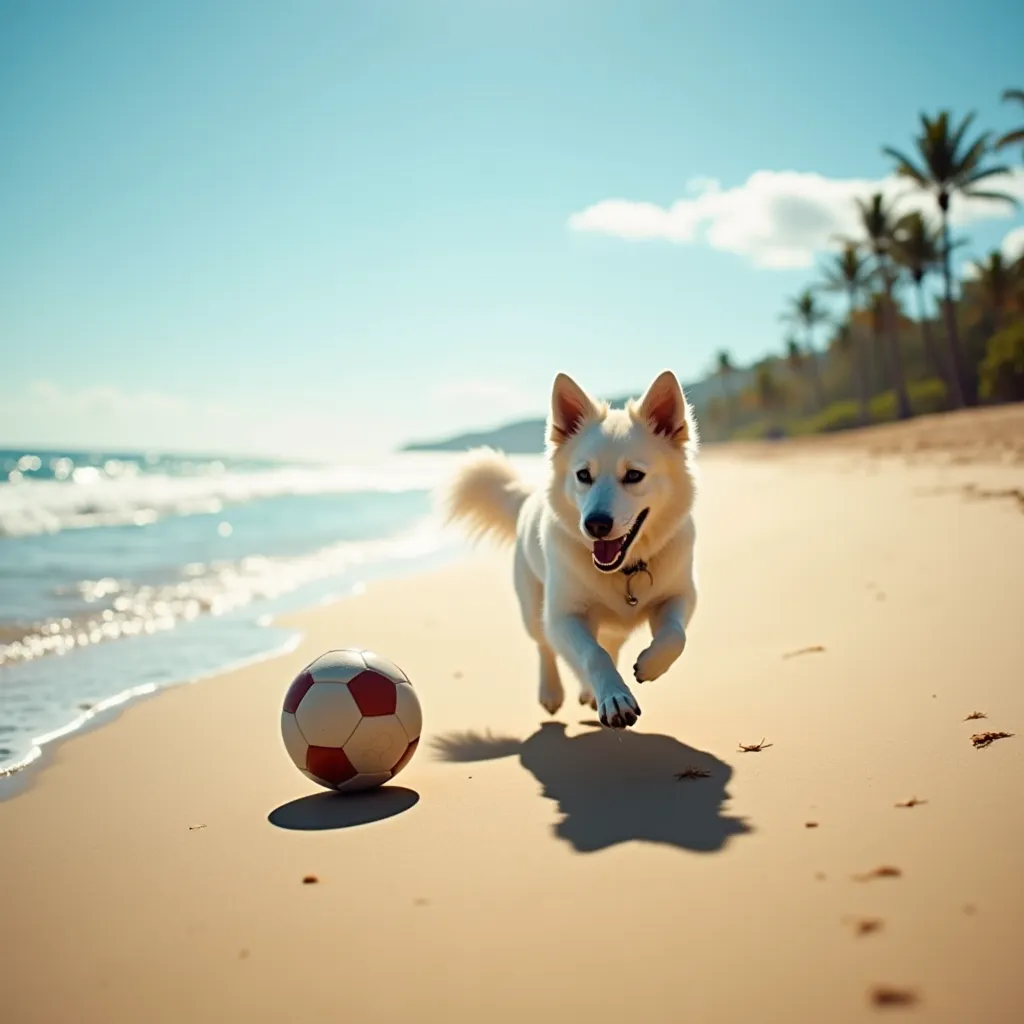 A white dog playing football ball on the beach in Brazil, the picture seems to be taken from a distance