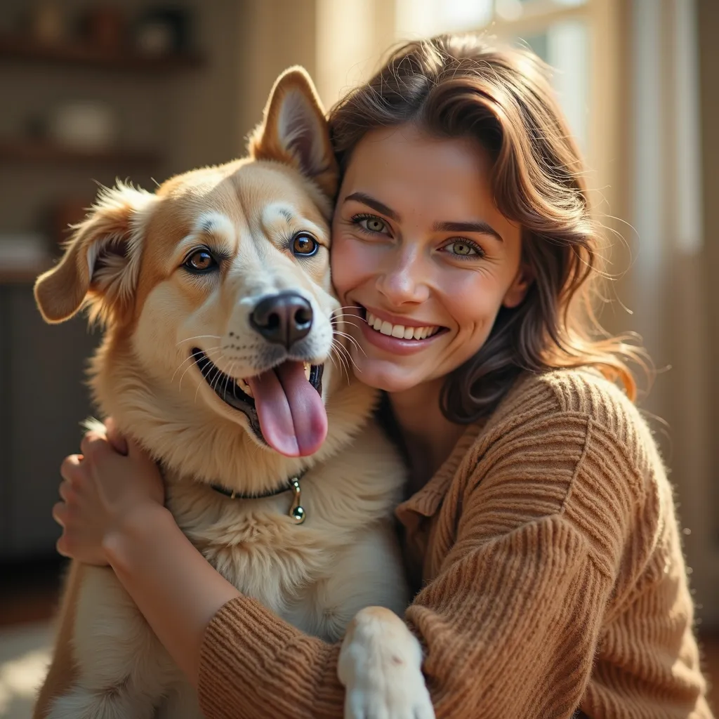 an image with a woman and her dog,  smiling at the camera , looking forward, the woman hugs her dog as a sign of protection,  Extreme Realism, 8k